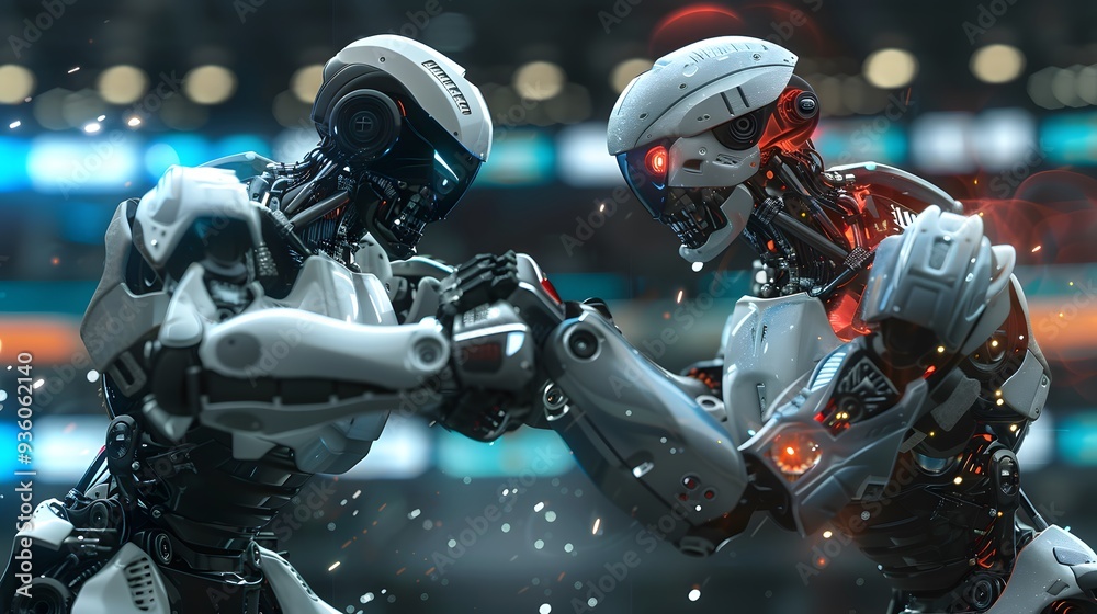 Robot Wrestler Grappling Opponent: A powerful robot wrestler in the midst of grappling its opponent.
Robot Wrestler Grappling Opponent: A powerful robot wrestler in the midst of grappling its opponent.