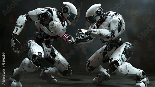 Robot Wrestler Grappling Opponent: A powerful robot wrestler in the midst of grappling its opponent.
