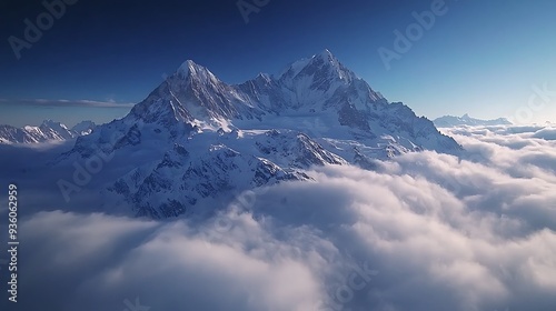 Majestic snowy mountain peak above a cloudscape, blending the serene beauty of the snow-capped peak with the ethereal quality of the clouds below.