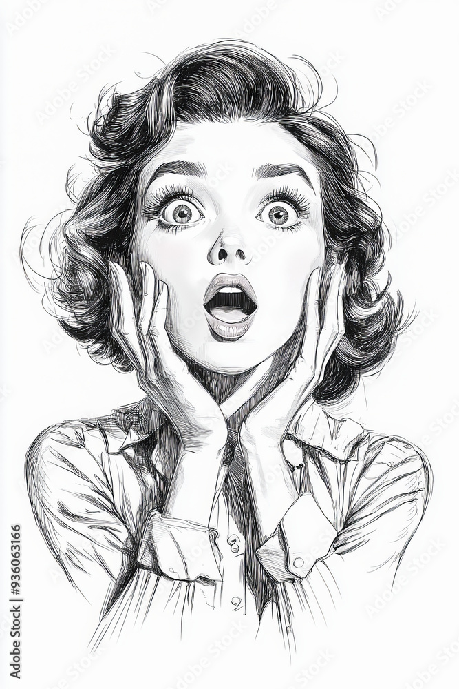 Surprised Woman. Generated image. A digital illustration of a surprised woman with a shocked expression. Portrait, pop art, line art in ink. Surprised Woman. Generated image. A digital illustration of a surprised woman with a shocked expression. Portrait, pop art, line art in ink.