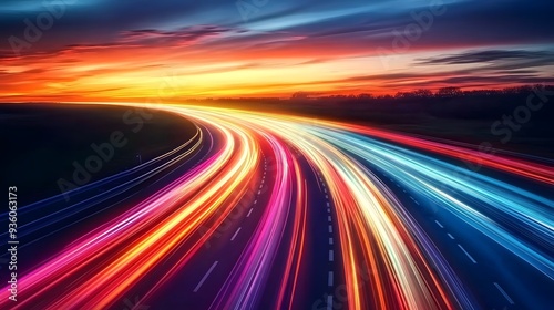 Highway Colorful Light Trails, Digital Marketing Speed Movement, Dark Blue Background, Orange-Toned Sunset Sky