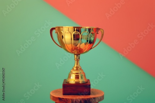 A shiny gold trophy placed on a wooden pedestal, with a vivid coral and teal background symbolizing achievement and success. photo