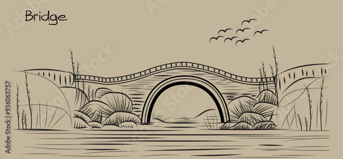 arch bridge, ancient bridge made of boulders, Retaining wall or fence, artistic brush art bridge. black and white, isolated gray, art sense, natural environment bridge sense,