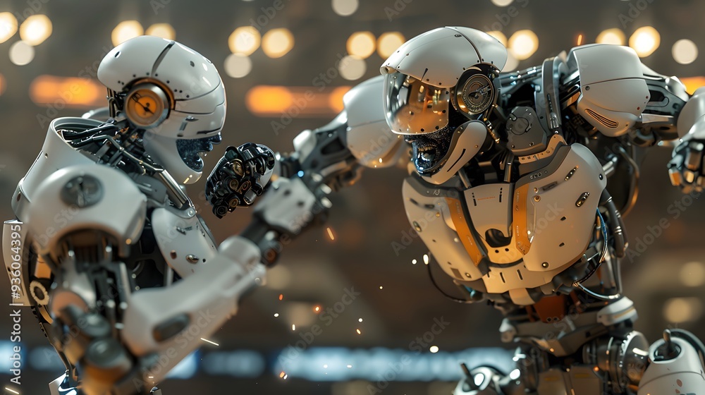 Fototapeta premium Robot Wrestler Grappling Opponent: A powerful robot wrestler in the midst of grappling its opponent. 