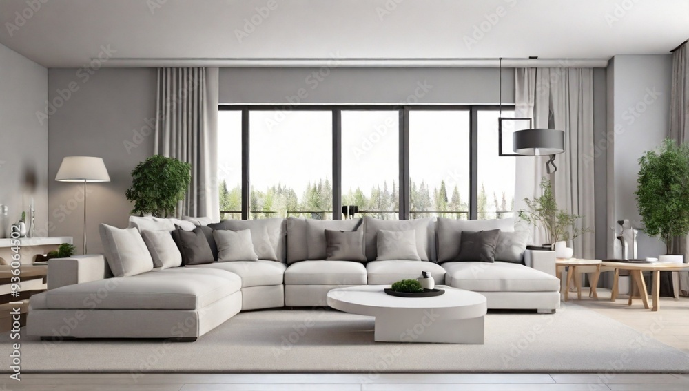 large living room with a large white corner sofa and TV unit, dining area with dining table. Gray walls and large windows. 3D rendering.
large living room with a large white corner sofa and TV unit, dining area with dining table. Gray walls and large windows. 3D rendering.