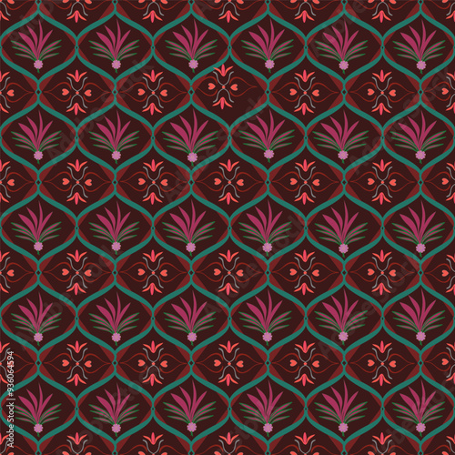 Geometric shapes mixed with pink flowers on a velvet red background