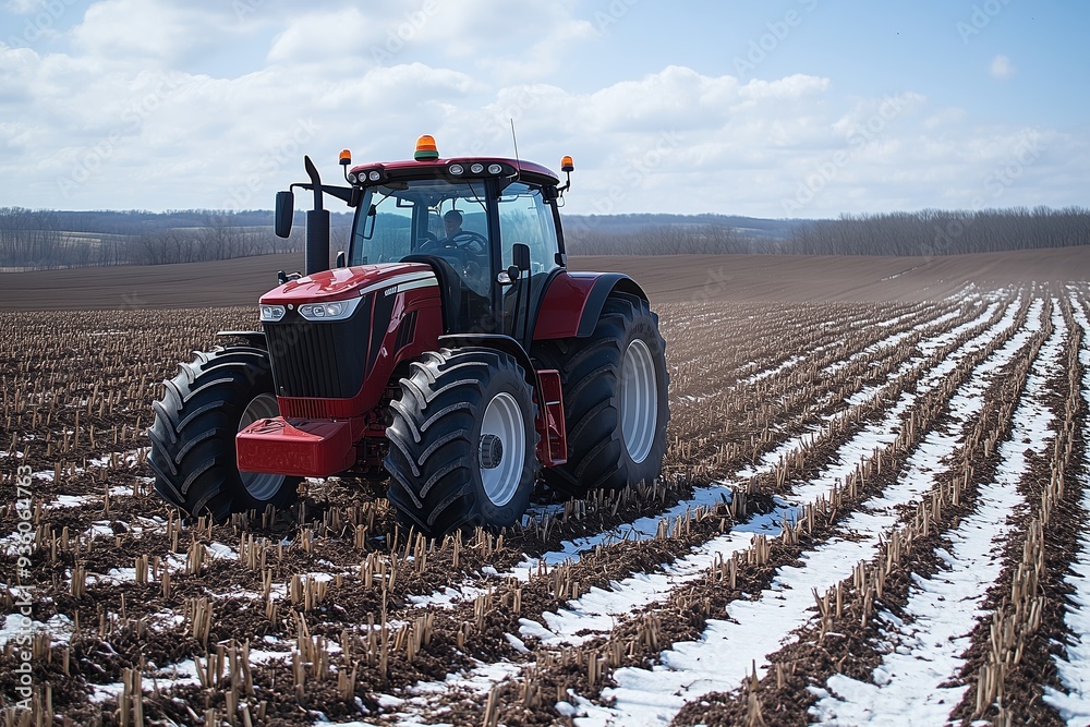 Red tractor plowing a snow-covered field on a sunny day in early spring Red tractor plowing a snow-covered field on a sunny day in early spring