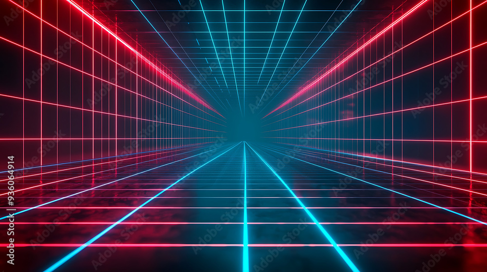 Futuristic Neon Grid Corridor with Blue and Red Lighting