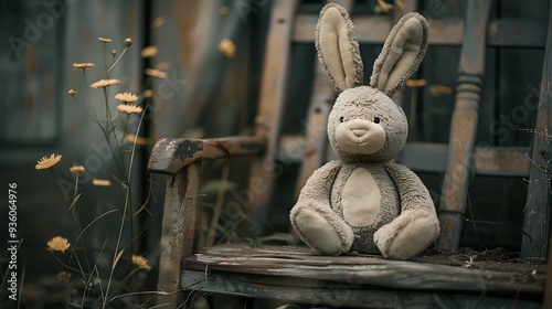 bunny plush toy sitting on wooden chiar photo