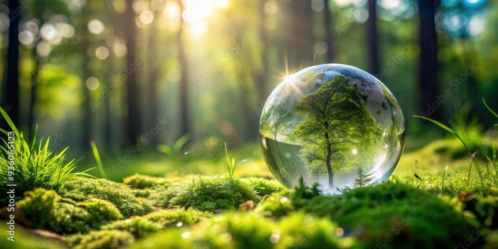 Close up of crystal globe on grass in serene forest setting Close up of crystal globe on grass in serene forest setting