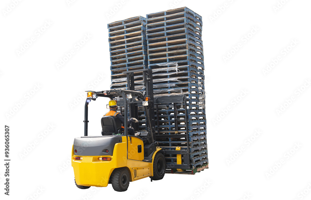 forklift driver in safety vest and safety helmet is driving a forklift , move pallet or EPAL pallet to be stored in warehouses.