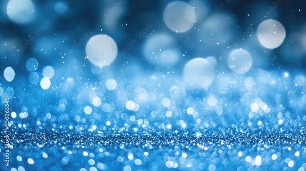 Fototapeta premium Blurry blue glitter background with twinkling bokeh, offering a spacious area in the middle for text. Perfect for winter or magical themes.