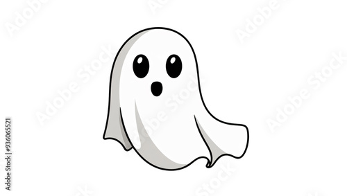 Cartoon ghost with rounded shape, sheet-like appearance, large black eyes, small mouth, black outline, white background, clean, minimalistic, playful design, generative AI