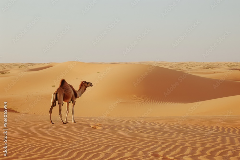 A lone camel stands amid breathtaking desert dunes, the vast expanse emphasizing the solitude and beauty of the arid landscape. A lone camel stands amid breathtaking desert dunes, the vast expanse emphasizing the solitude and beauty of the arid landscape.