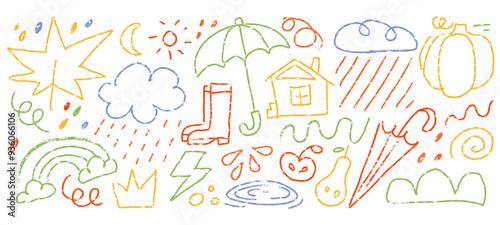 Collection of hand drawn colorful autumn charcoal doodle shapes and squiggles in childish style. Naive pencil drawings isolated on white. Umbrella, cloud, leaves, pumpkin doodle collage elements.