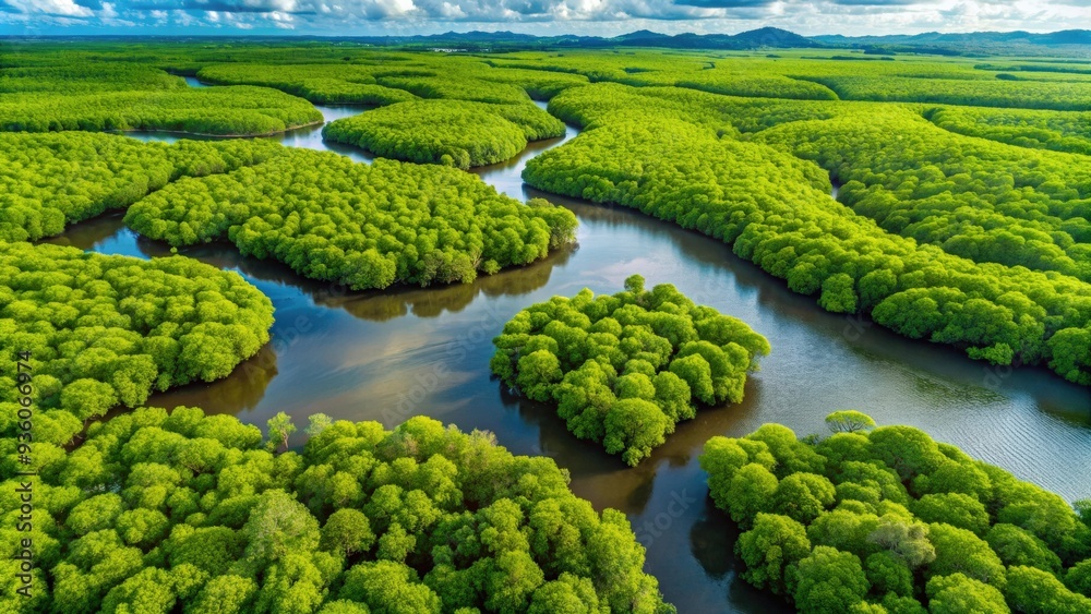 Aerial view of dense green mangrove forest for carbon neutrality and sustainability concept Aerial view of dense green mangrove forest for carbon neutrality and sustainability concept