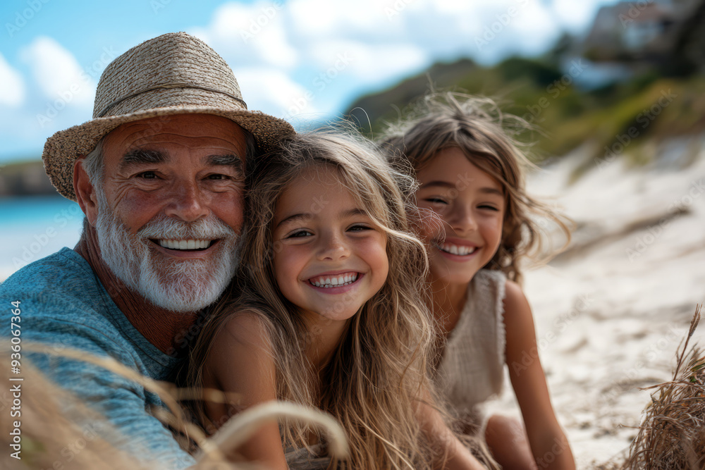 Grandfather Bonding with Their Granddaughters on the Beach Grandfather Bonding with Their Granddaughters on the Beach