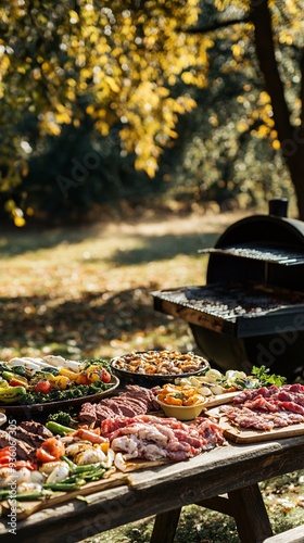 A picnic table laden with food, including grilled meats and vegetables, is set up in the shade of a tree on a sunny day. photo