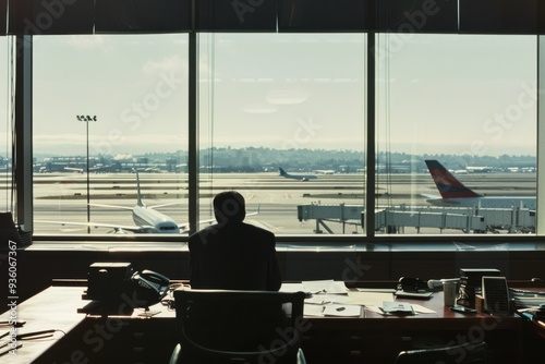 A man in silhouette gazes over an airport runway through large windows, reflecting a scene of modern air travel amid a backdrop of parked planes.