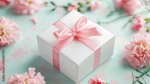 White Gift Box with Pink Ribbon Surrounded by Pink Flowers