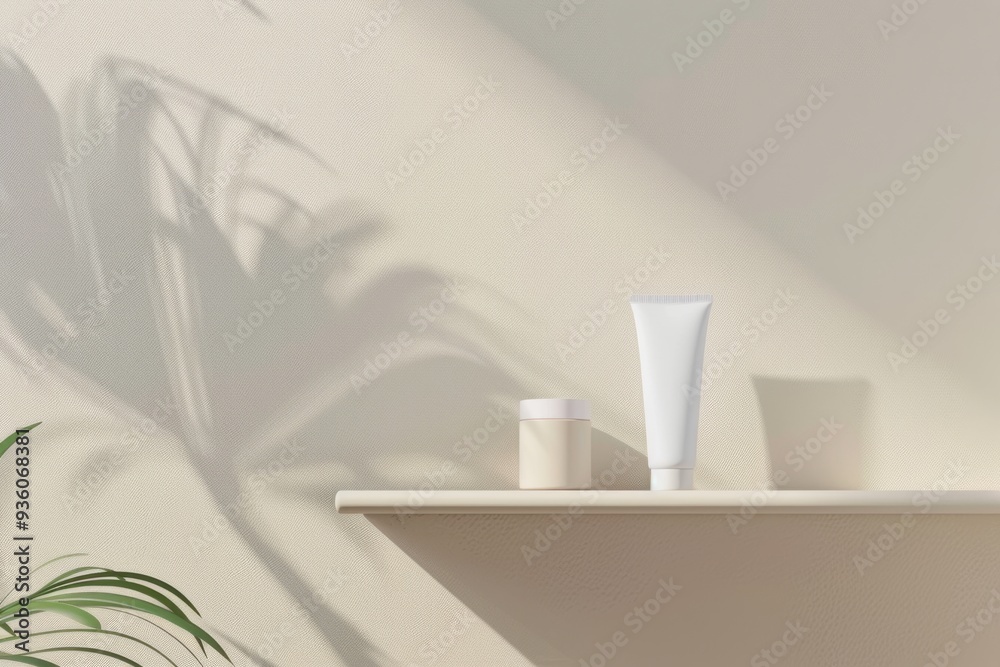 Minimalist shelf setup featuring cosmetics against a gentle shadow of a leafy plant on a light beige wall. Minimalist shelf setup featuring cosmetics against a gentle shadow of a leafy plant on a light beige wall.