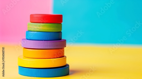 Children toy pyramid from colored wooden rings isolated on colorful background