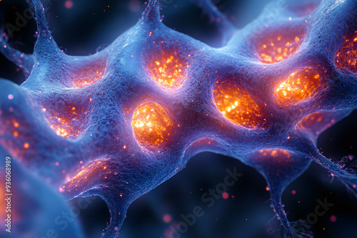 Artistic representation of skin at a cellular level, highlighting the collagen and vitamin content, showcasing the detailed network of fibers and molecules, realistic, high detail, 8k