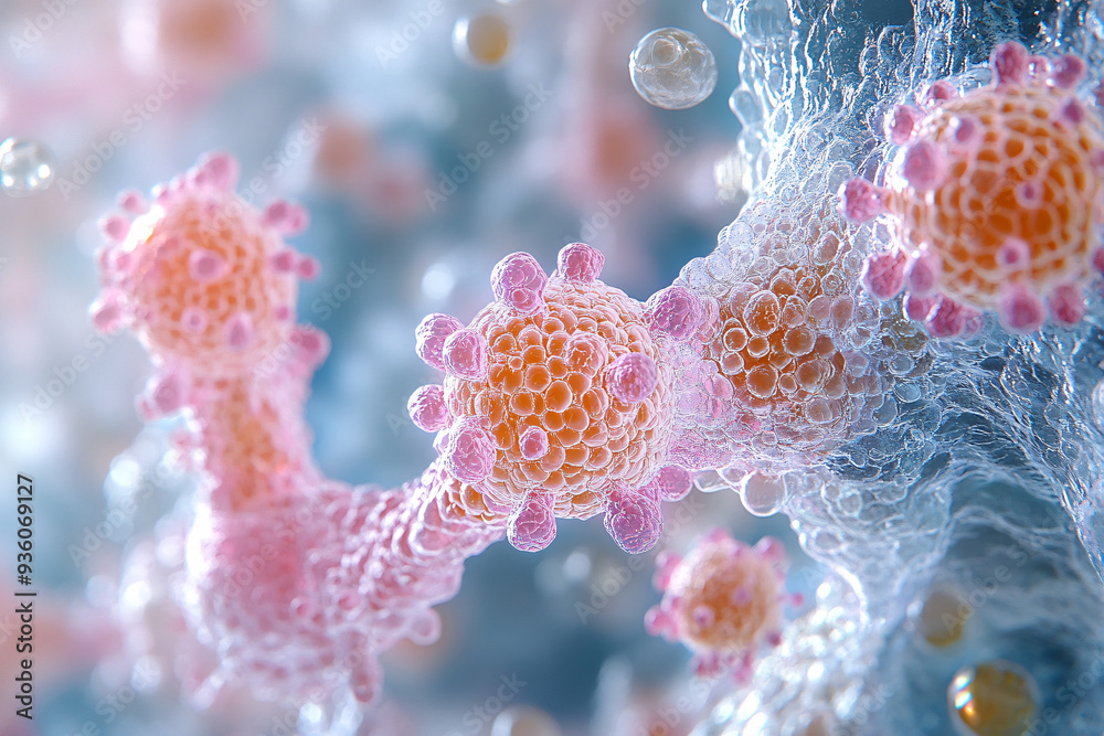 A close-up view of skin cells with collagen fibers and vitamins depicted underneath, showing detailed textures of the cells and molecules, realistic, high detail, 8k A close-up view of skin cells with collagen fibers and vitamins depicted underneath, showing detailed textures of the cells and molecules, realistic, high detail, 8k