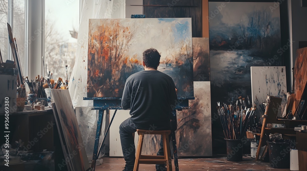 Artist Sketching in a Studio: An artist sitting on a stool in a studio, sketching on a large canvas.
