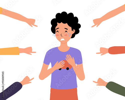 A young child appears overwhelmed as classmates point fingers in a sunny classroom