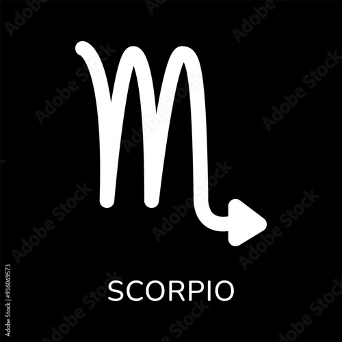 Scorpio zodiac sign icon. White line icon isolated on black background. Tattoo scorpio zodiac symbol. Astrological, zodiacal horoscope. Vector illustration.