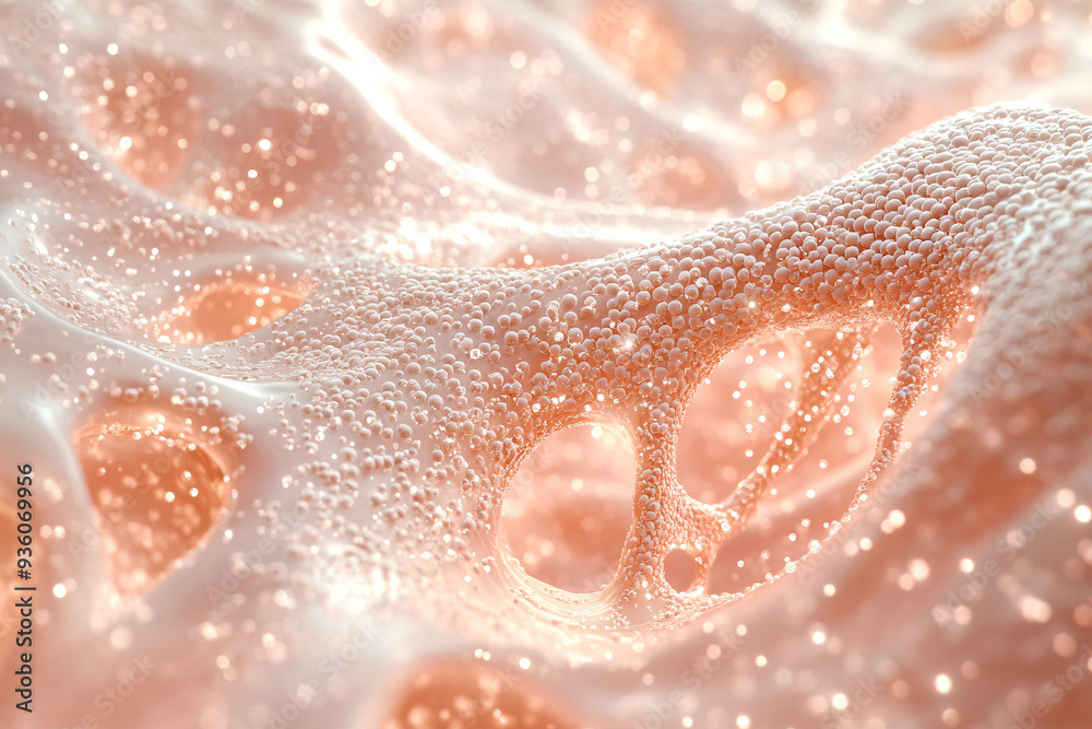 Fototapeta premium Microscopic image of skin tissue with visible collagen structures and vitamin particles interspersed, highlighting the intricate network of fibers and nutrients, realistic, high detail, 8k