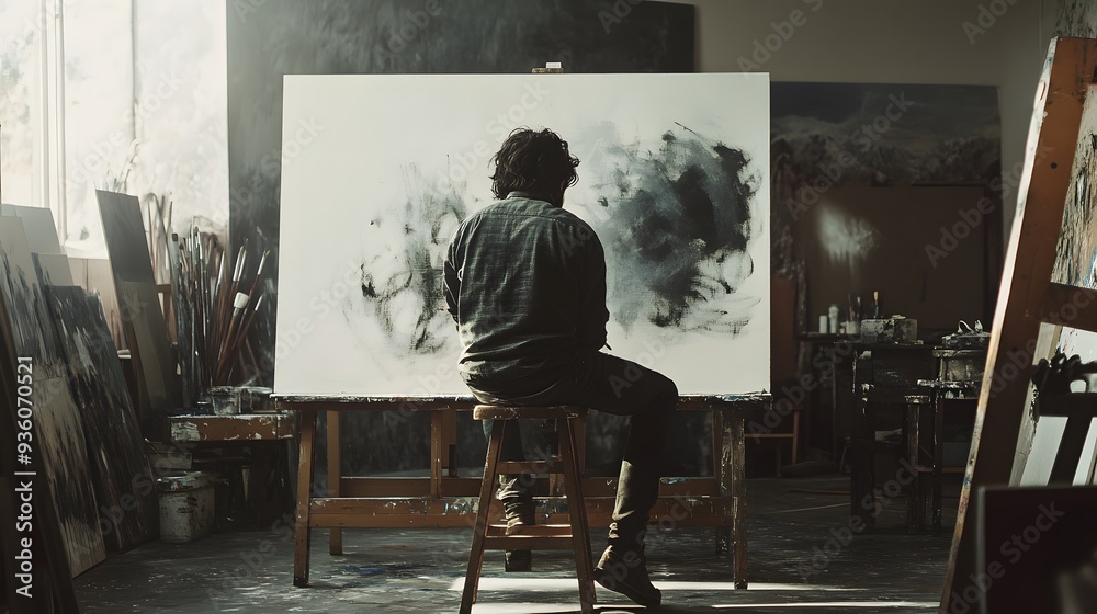 Artist Sketching in a Studio: An artist sitting on a stool in a studio, sketching on a large canvas.
Artist Sketching in a Studio: An artist sitting on a stool in a studio, sketching on a large canvas.