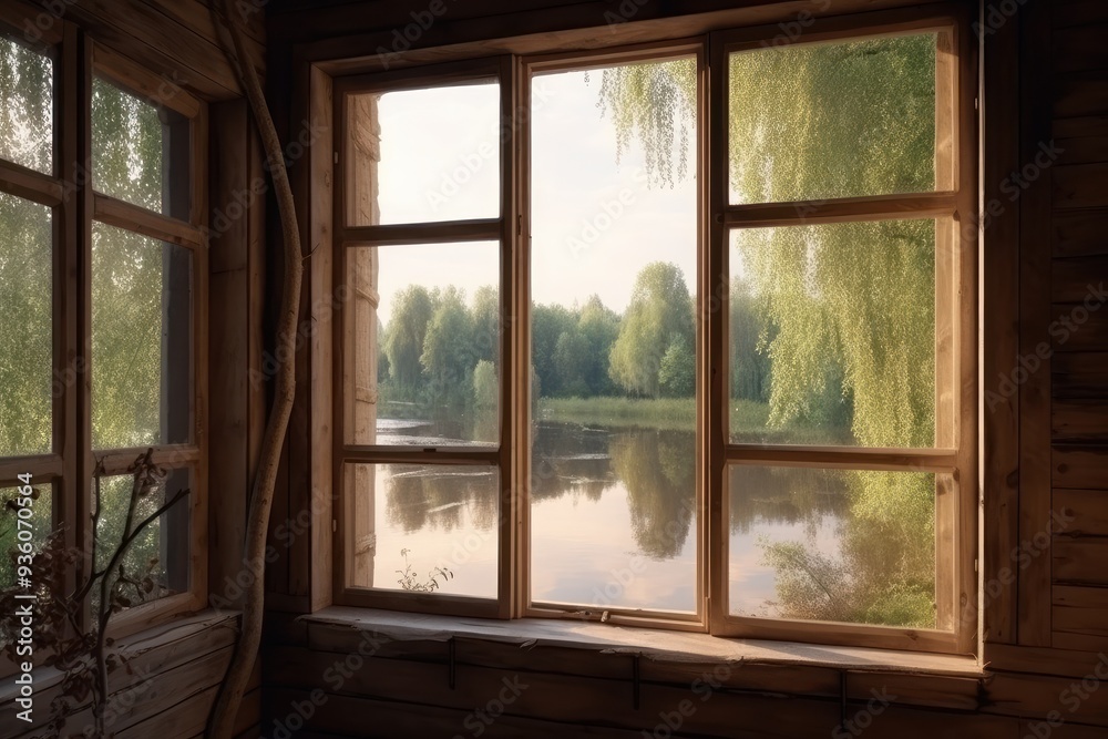 Fototapeta premium Open Window Overlooking Autumn Trees and Serene Lake