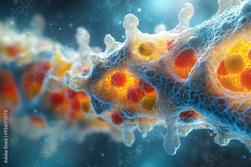 Illustration of skin cells with a focus on the collagen matrix and embedded vitamins, demonstrating the interaction and density of these elements, realistic, high detail, 8k