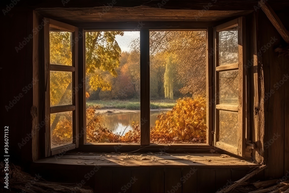 Open Window Overlooking Autumn Trees and Serene Lake Open Window Overlooking Autumn Trees and Serene Lake