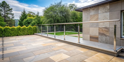 Side view of modern patio steps with stone tiles and metal handrail © Collection
