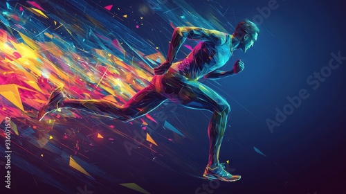 A man running in a colorful, abstract background