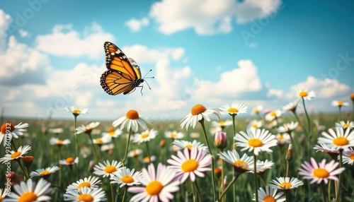 Spring summer landscape with field flowers of daisies and fluttering butterfly on background blue sky with clouds in nature. Colorful artistic image beauty of environment, ai