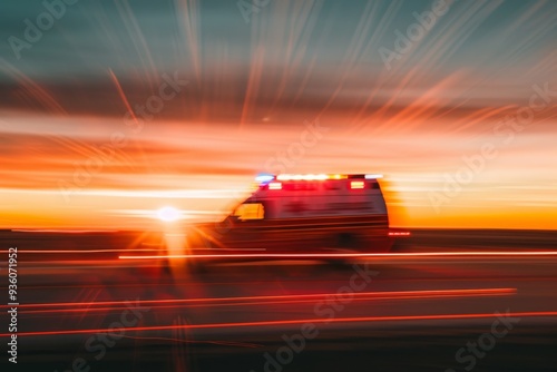 A blurred ambulance rushes along a road at sunset, capturing the urgency and speed of the emergency response.