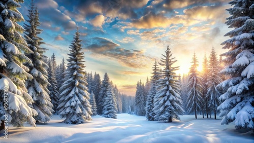 Winter wonderland with snow-covered trees in a serene forest setting