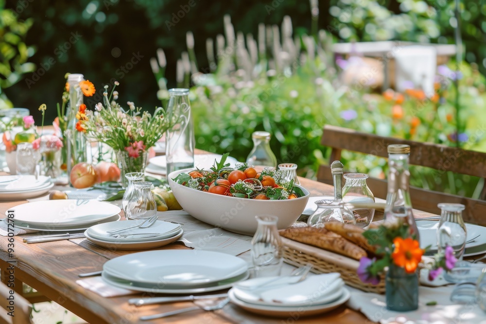 An inviting outdoor dining table set for a meal, adorned with vibrant salads, fresh fruits, and flowers, amidst a lush garden setting. An inviting outdoor dining table set for a meal, adorned with vibrant salads, fresh fruits, and flowers, amidst a lush garden setting.