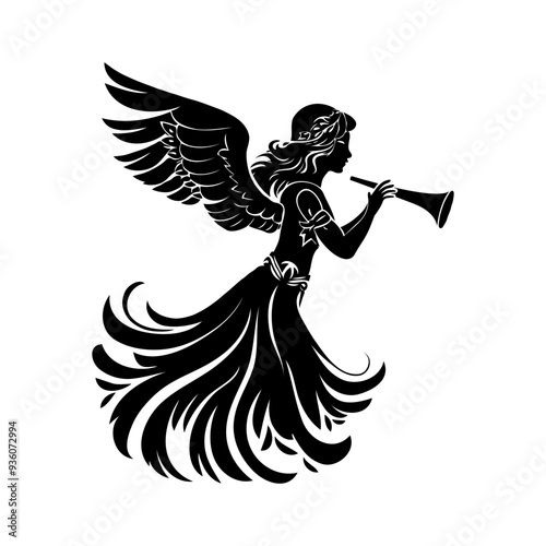 Silhouette Christmas angel playing a trumpet. The angel is wearing a dress and has wings. Vector illustrator