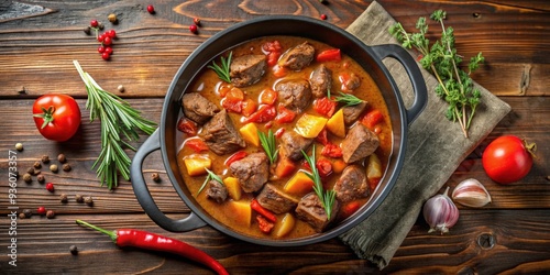 Top view of delicious meat stew goulash in a rustic cast iron pot photo