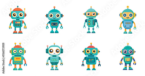Cute robots with various designs and cheerful expressions. Vector cartoon illustration, children toy.