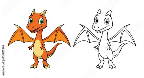 Cute dinosaur pterodactyl coloring page, dino colour sheet. Outline cartoon vector illustration for children book, line drawing.