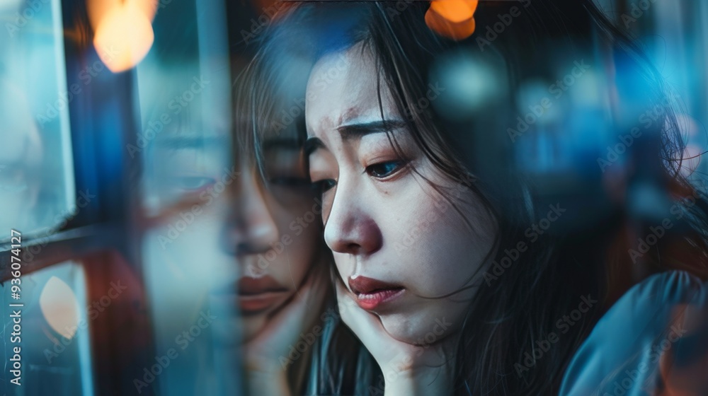 Depressed young Asian woman with mental health problem in mind need uttermost treatment from overthinking fatigue, disruptive thought, dissocial, anxiety and other mental health disorders .