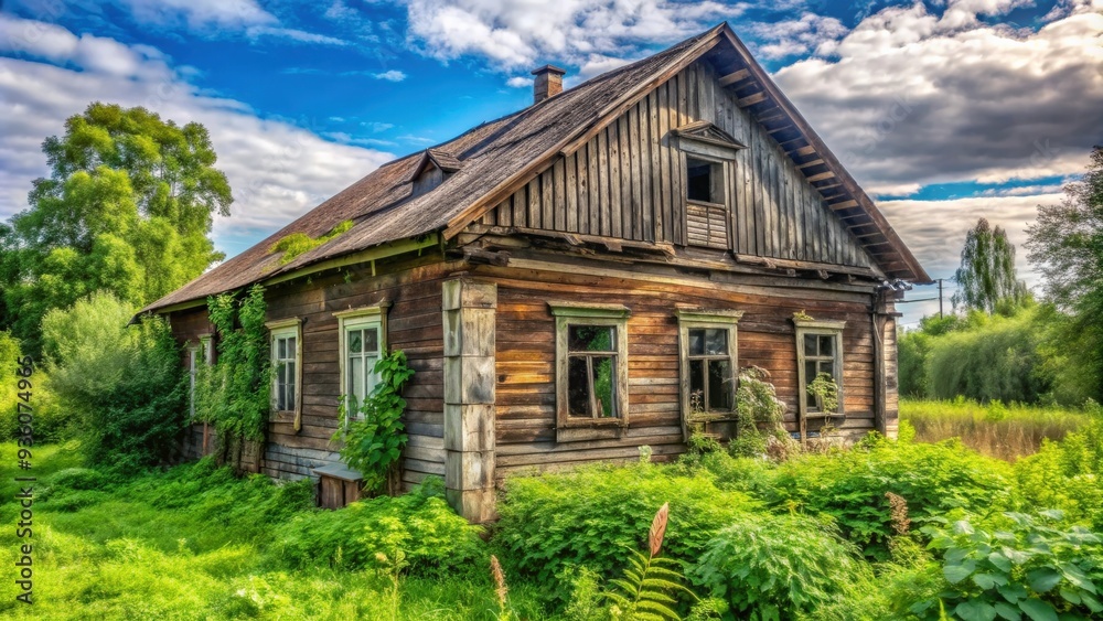 Dilapidated old village house in Russia with weathered wooden walls and overgrown garden Dilapidated old village house in Russia with weathered wooden walls and overgrown garden