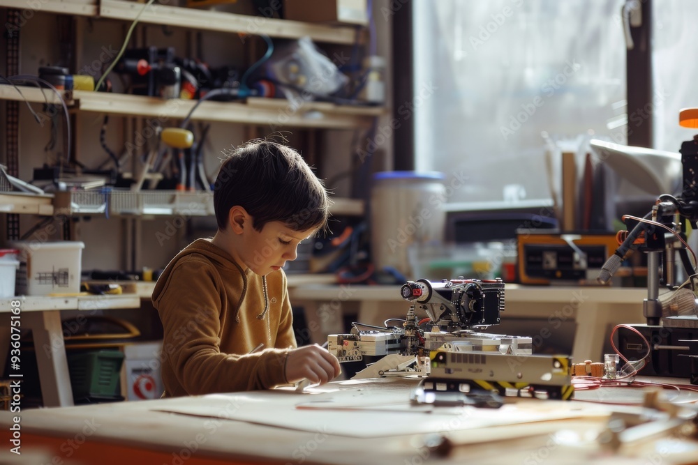 Fototapeta premium A young boy engrossed in assembling a mechanical project at a cluttered workbench, surrounded by various tools and components, lit softly by natural light.