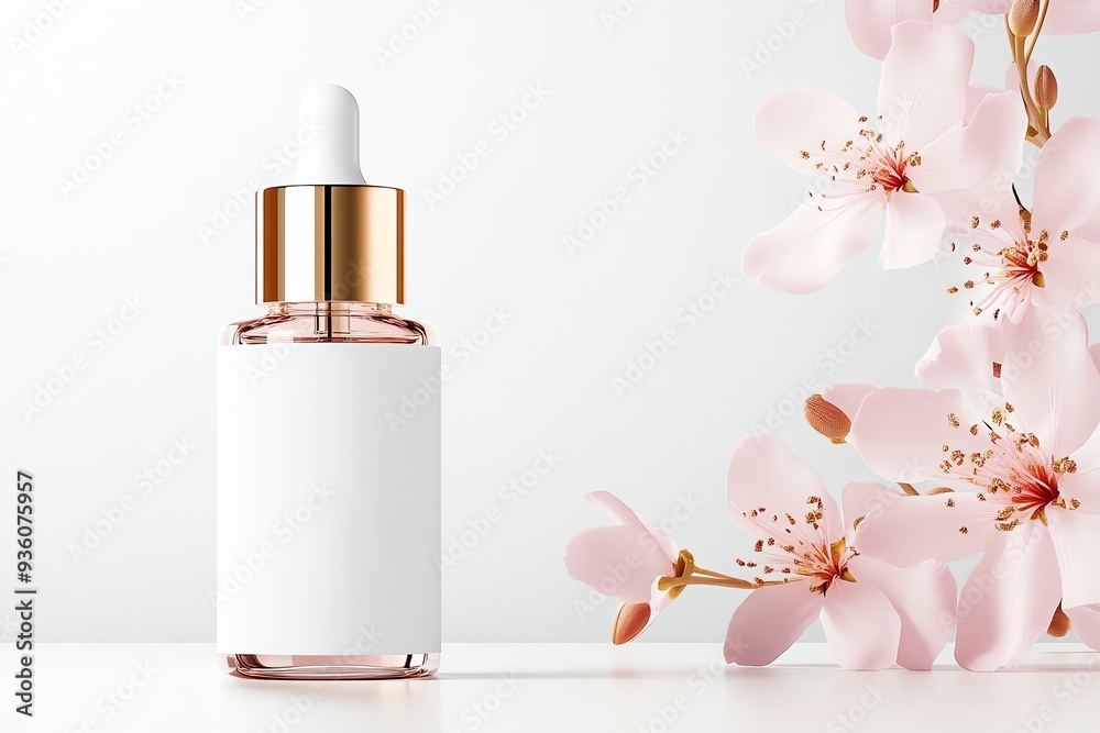 Elegant serum bottle with blank label and pink flowers, perfect for cosmetic or skincare product presentation. Elegant serum bottle with blank label and pink flowers, perfect for cosmetic or skincare product presentation.